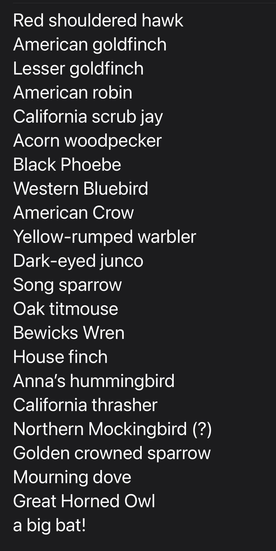 a list of bird names, all local to the california coast