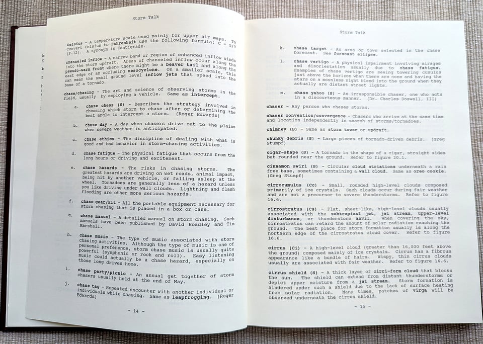 Storm Talk book open to a page of definitions which includes a list of subdefinitions under "chase/chaser."