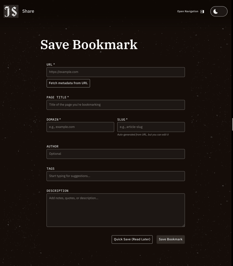 A dark mode website form that has the title of Save Bookmark and seven fields for content: URL, title, tomain, slug, author, tags, and description. There's a Fetch metadata from URL button beneath the URL field and two buttons at the end of the form: a quick save/read later button and save bookmark button.