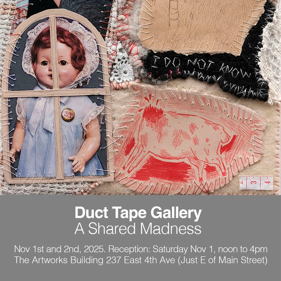Collage artwork featuring a vintage doll photograph behind wooden slats next to hand-stitched fabric pieces including text reading 'I DO NOT KNOW' on black fabric and a red figure drawing on tan fabric, with mixed media textile elements and measuring tape detail