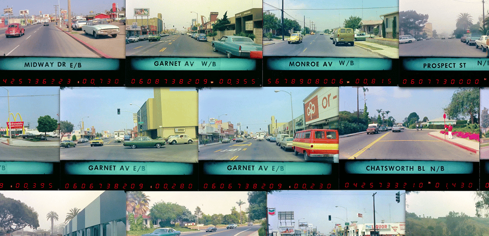 A series of screenshots of videos taken out the front window of a car driving around San Diego in the 1970s. The cars are often brightly colored -- a deep red volkswagen bug, a bright blue boxy car, a van painted bright red with a wide yellow horizontal stripe. Beneath each screenshot is a blue strip with black text showing where the image was taken, such as "Midway Dr E/B" or "Chatsworth Bl N/B".