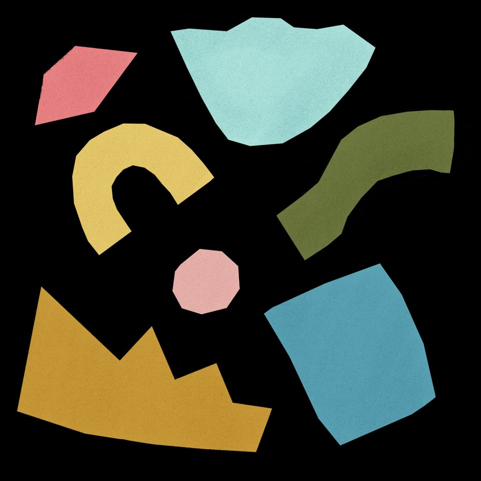 abstract illustration with black background and multiple different size shapes in different colors