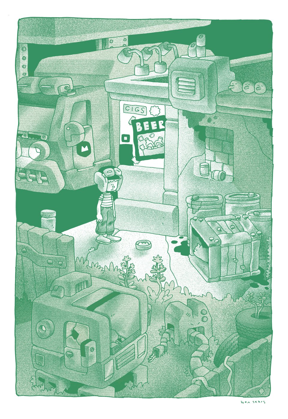 a drawing of a kid at a gas station at night. He's using a can of cat food to try and coax a stray cat out of some boxes.