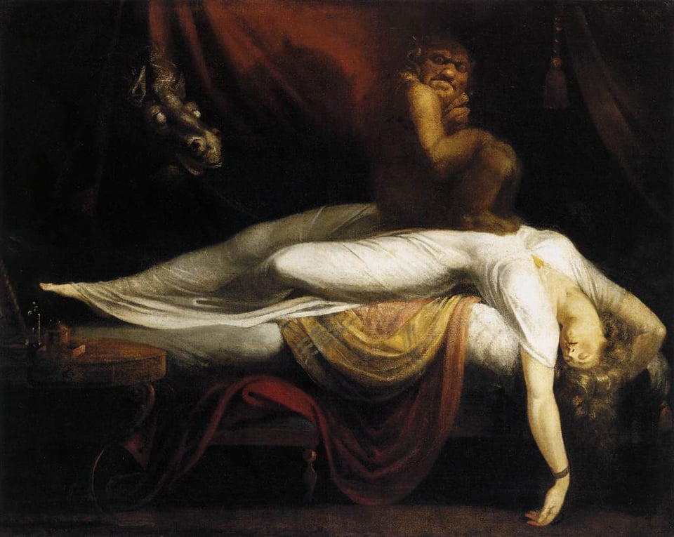 A woman is sprawled across a bed with a demon sitting on her chest. In the shadows is a black horse with glowing eyes