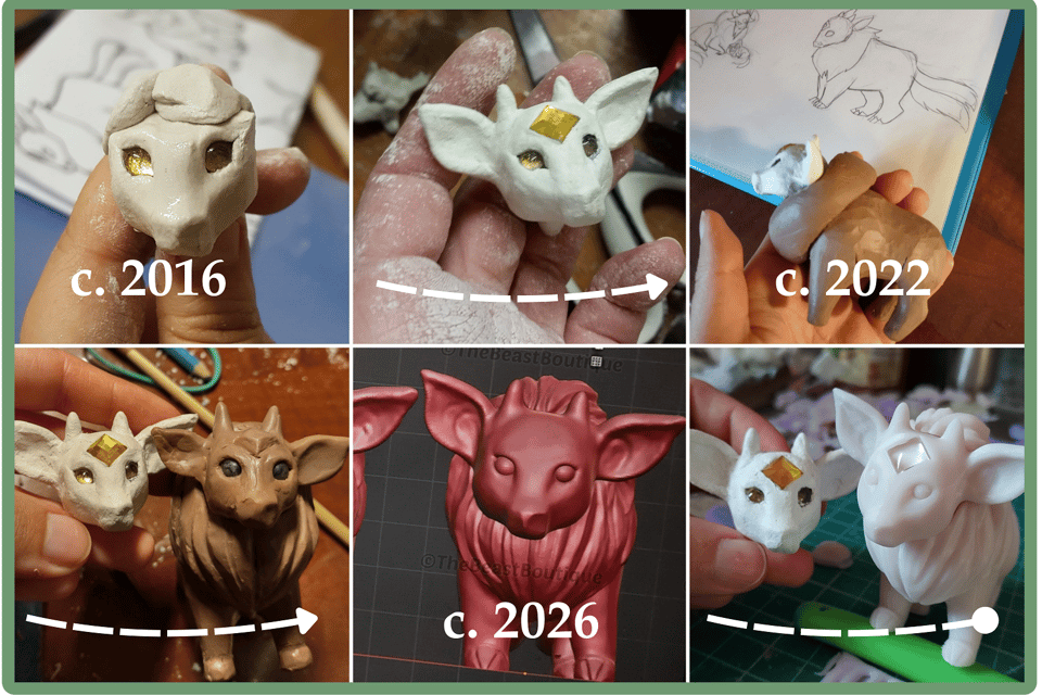 A collage showing the sculpture "Baby John" in various stages from 2016 to 2026. Baby John is a fantasy bull with an orange gemstone in his forehead, a lion-like mane, and a short, stout body.