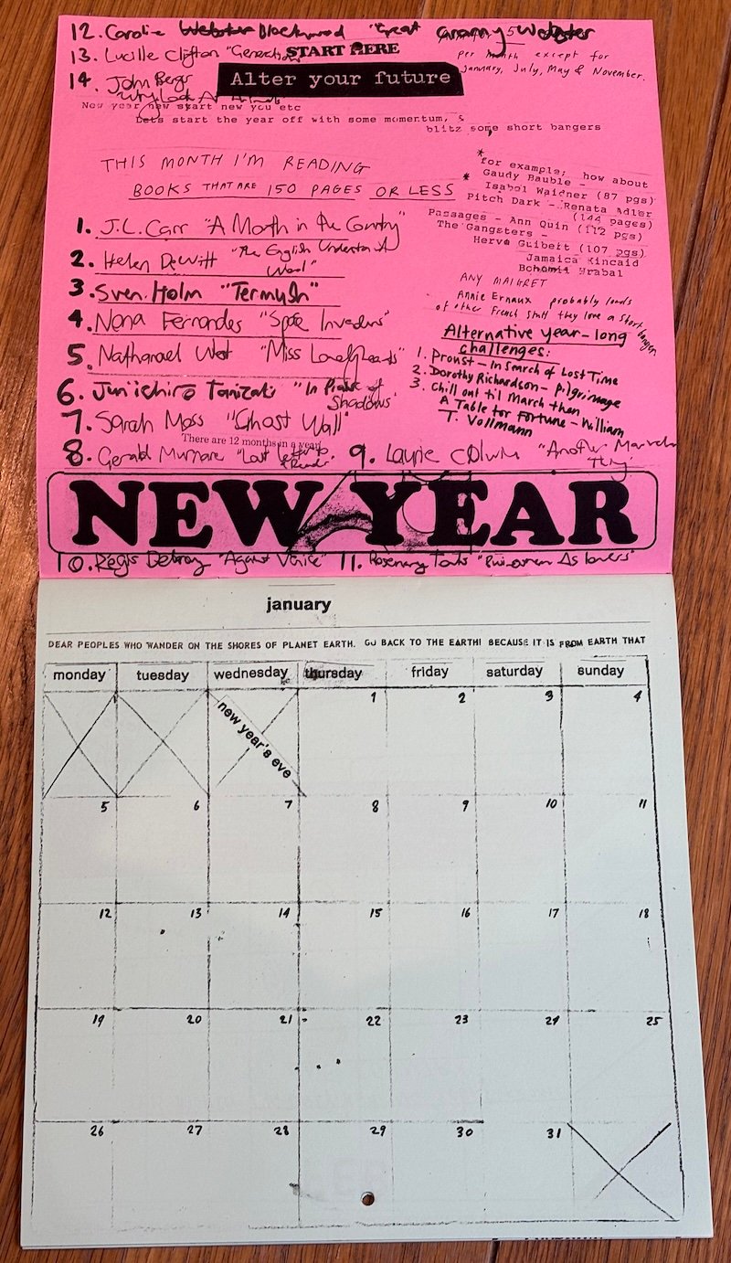 A picture, from above, of a photocopied calendar with hand-drawn grids, showing the month of JANUARY and the prompt to only read short books under 150 pages. A list of 14 short books has been filled in.