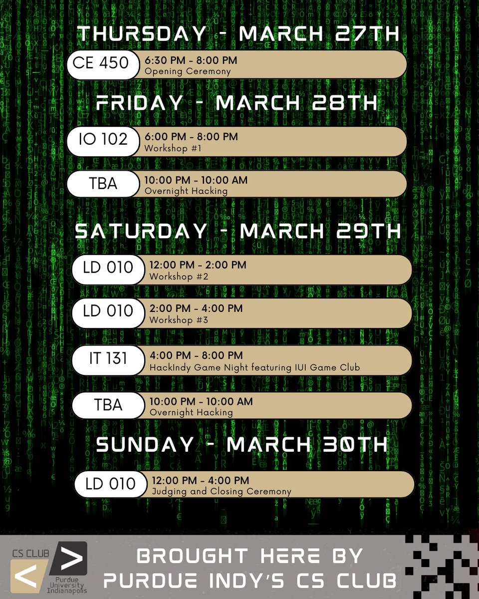 A schedule of events for Hack Indy. With events starting Thursday, March 27 at 6:30 ... shortly after this email goes out.