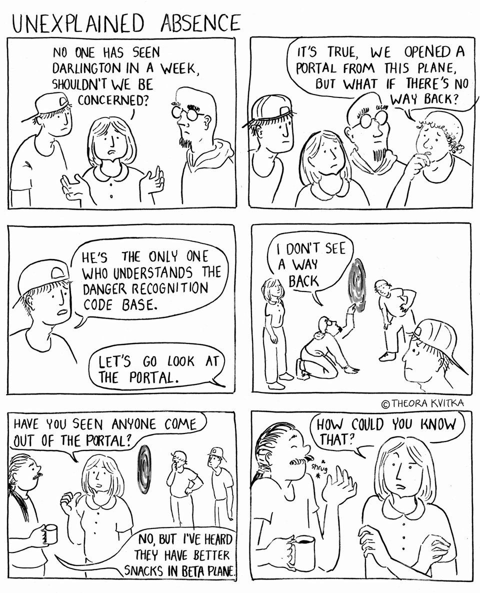Six panel comic titled "unexplained absence" where the robot team goes looking for Darlington at the portal