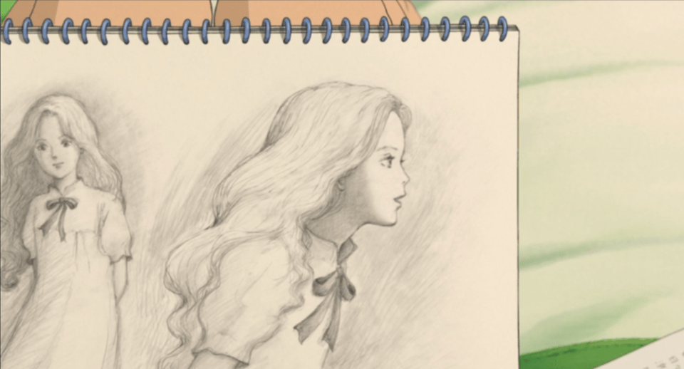 A page from Anna's sketchbook, featuring two realistic (per the film's art style) drawings of Marnie.