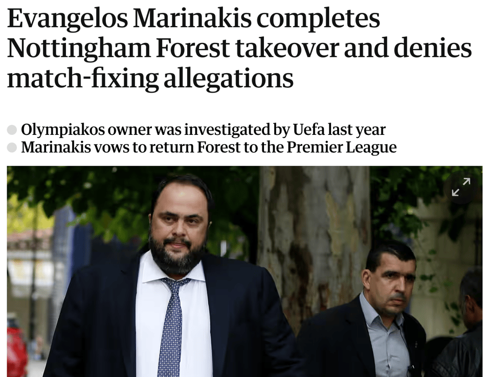headline: Evangelos Marinakis completes nottingham forest takeover and denies match-fixing allegations