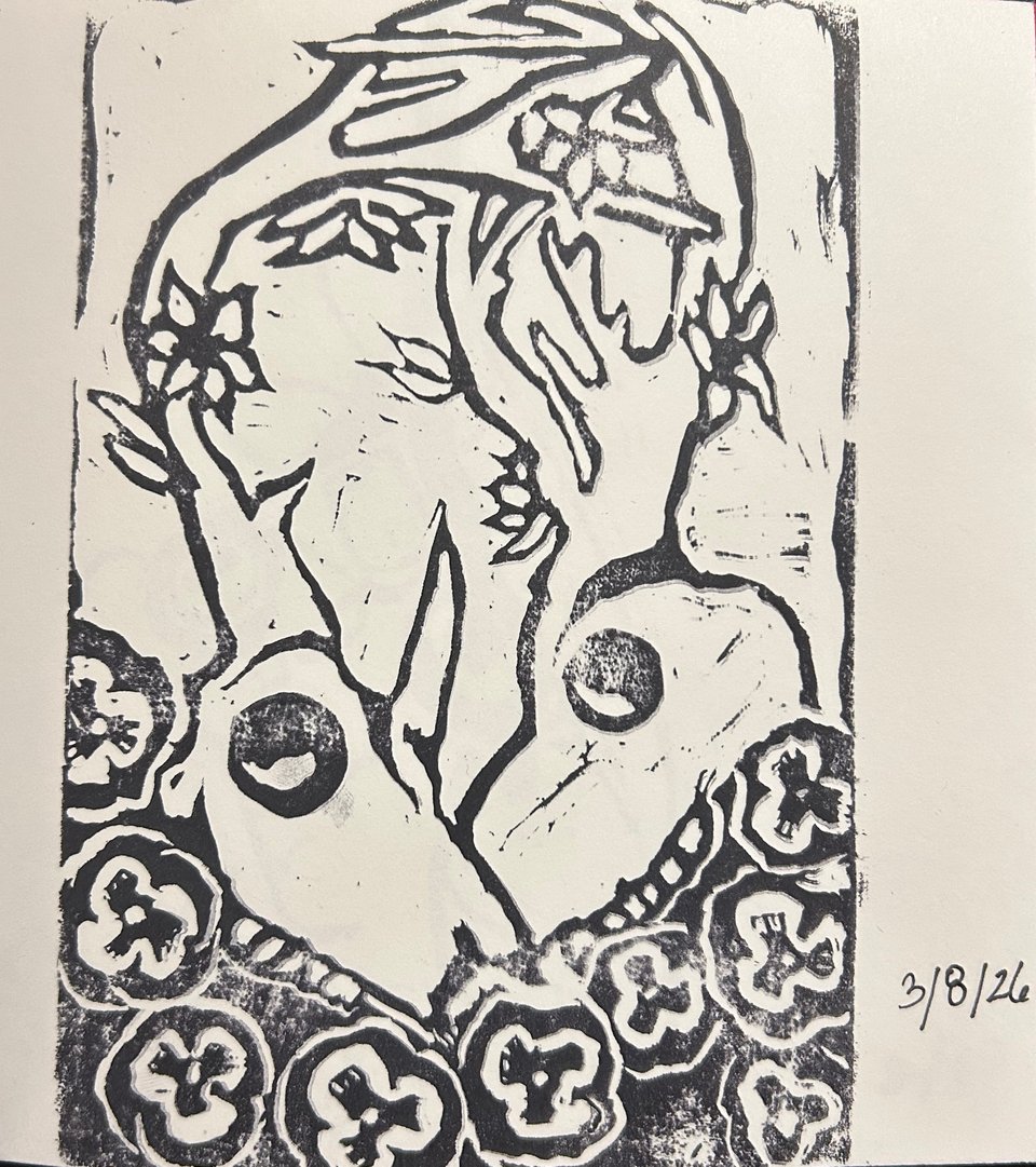 A linocut of two stag skulls with their horns locked together. Pansies grow around them, and a flower vine curls around their horns. Dated 3/8/26.