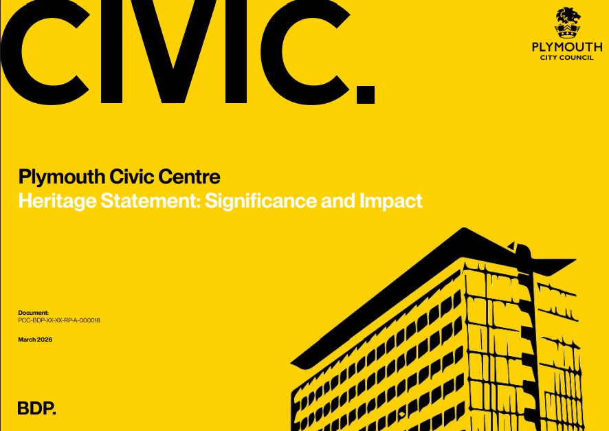 A bold mustard yellow and black photo of the iconic roof of Plymouth Civic Centre. The word Civic is in caps along the top whilst other text indicates it's the heritage statement.