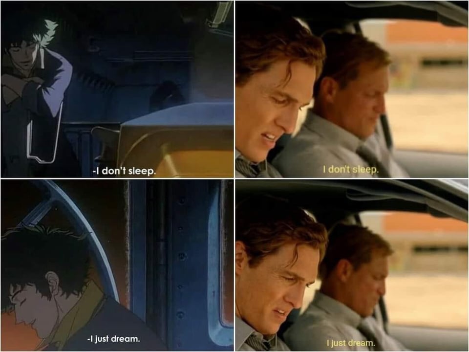 a juxtaposition of screenshots from cowboy bebop and true detective, where a main character says "i don't sleep. i just dream."