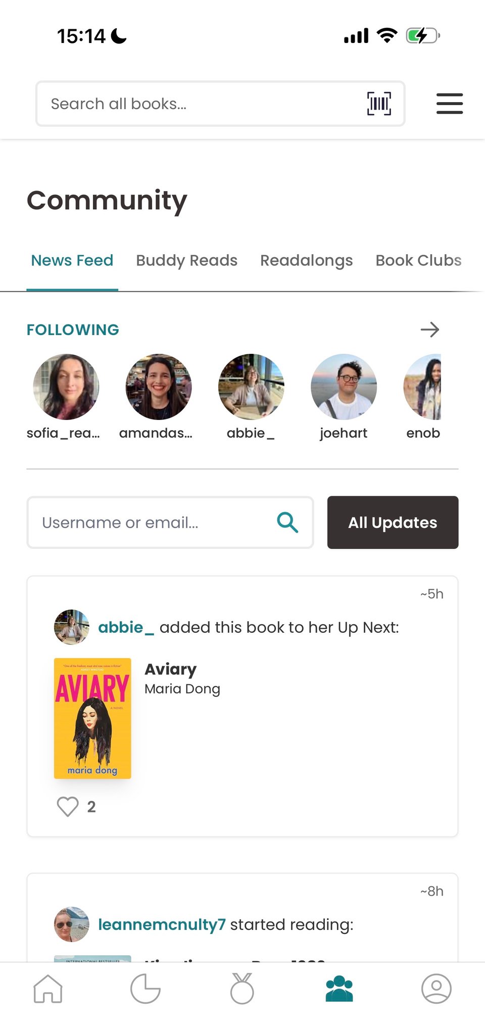 StoryGraph News Feed on mobile showing recent updates. One card shows abbie_ adding Aviary by Maria Dong to her Up Next. Another shows a reading activity with timestamps and profile icons. There's now a horizontal navigation tab and a horizontal carousel showing profiles the current user is following.