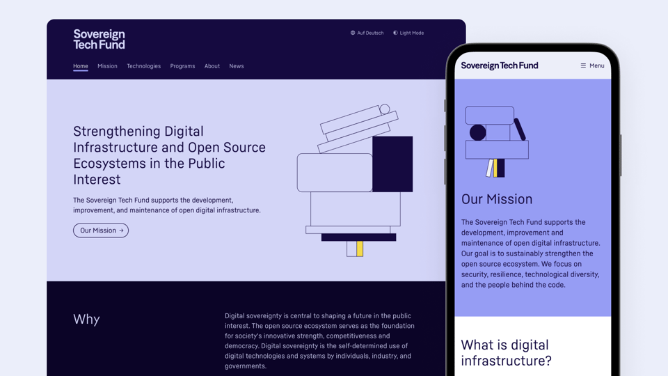 Screenshots of a large and small browser viewport showing the new STF website, with the main headline readiung “Strengthening Digital Infrastructure and Open Source Ecosystems in the Public Interest”