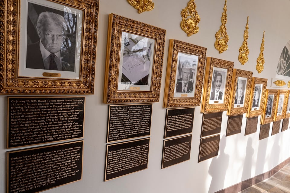 President Donald Trump has installed plaques underneath the portraits of presidents in the Rose Garden colonnade that detail aspects of their presidencies, in Washington, Dec. 17, 2025.
