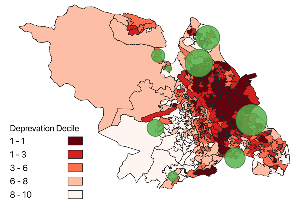 Proposed Green Belt housing (green circles, sized by number of homes) mapped over the 2025 Indices of Multiple Deprivation. Darker areas are more deprived - the biggest allocations fall on the most deprived, eastern side of the city.