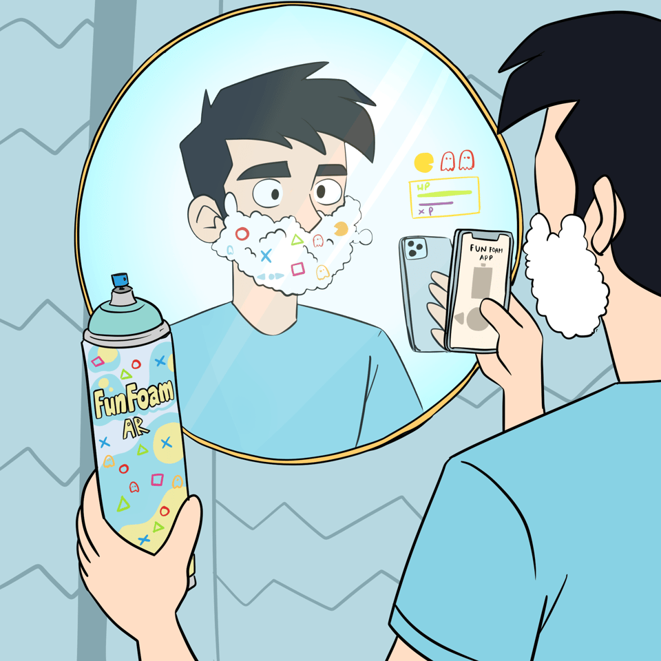 A man is standing in front of a shaving mirror, the lower half of his face is covered in shaving foam. In one hand is a can of FunFoam, in the other is a phone running the FunFoam app. Characters from a game are being projected onto the foam.