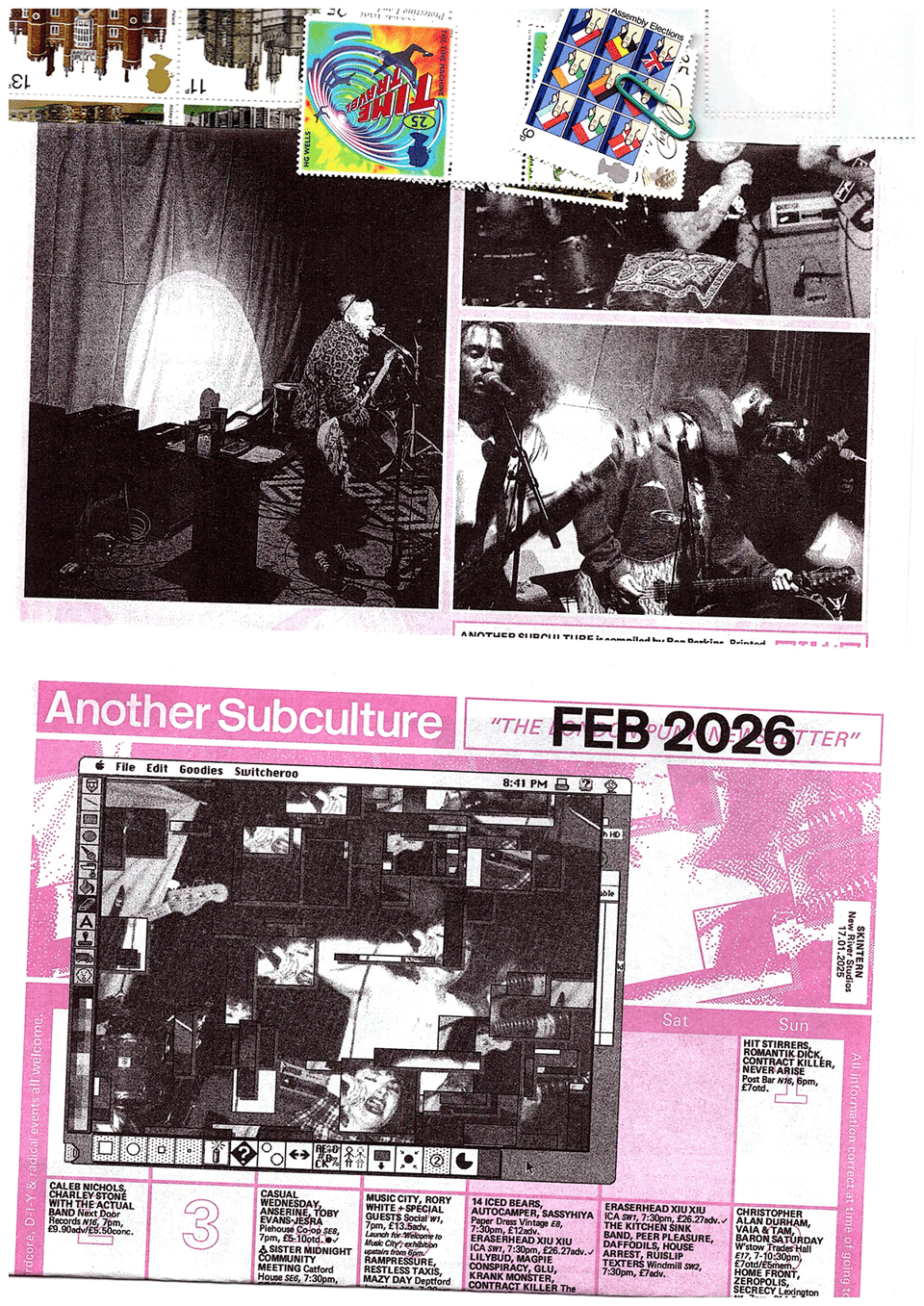 Scan of Another Subculture's February issue - in bubblegum pink , and folded amongst some old stamps.