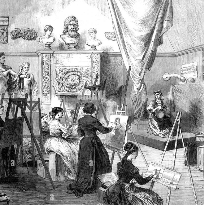 A old-timey black-and-white print of people drawing from life at easels