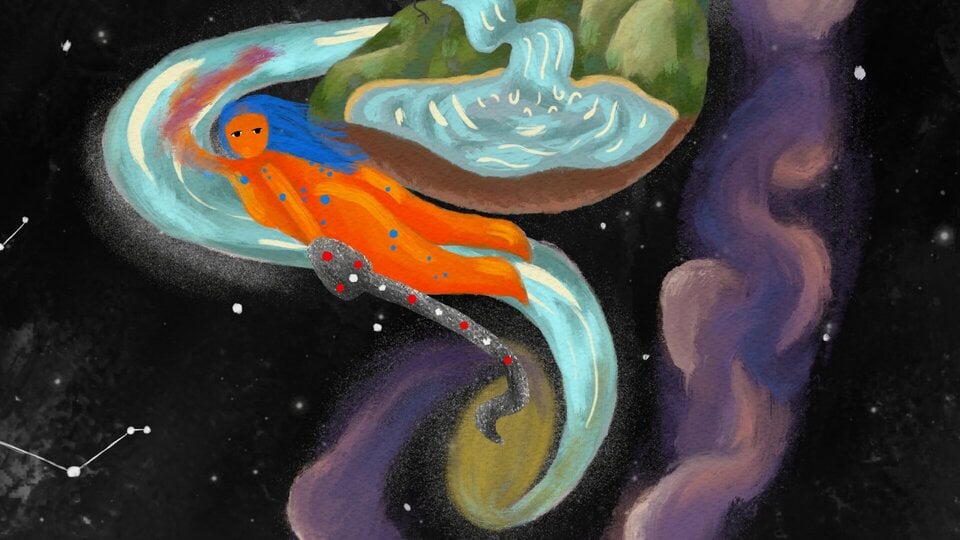 A still image from my KOKUYO animation. Pleiades (represented by the orange and blue being) brings Scorpio (represented by the snake) into the cosmic river to become and influence other elements in the world.