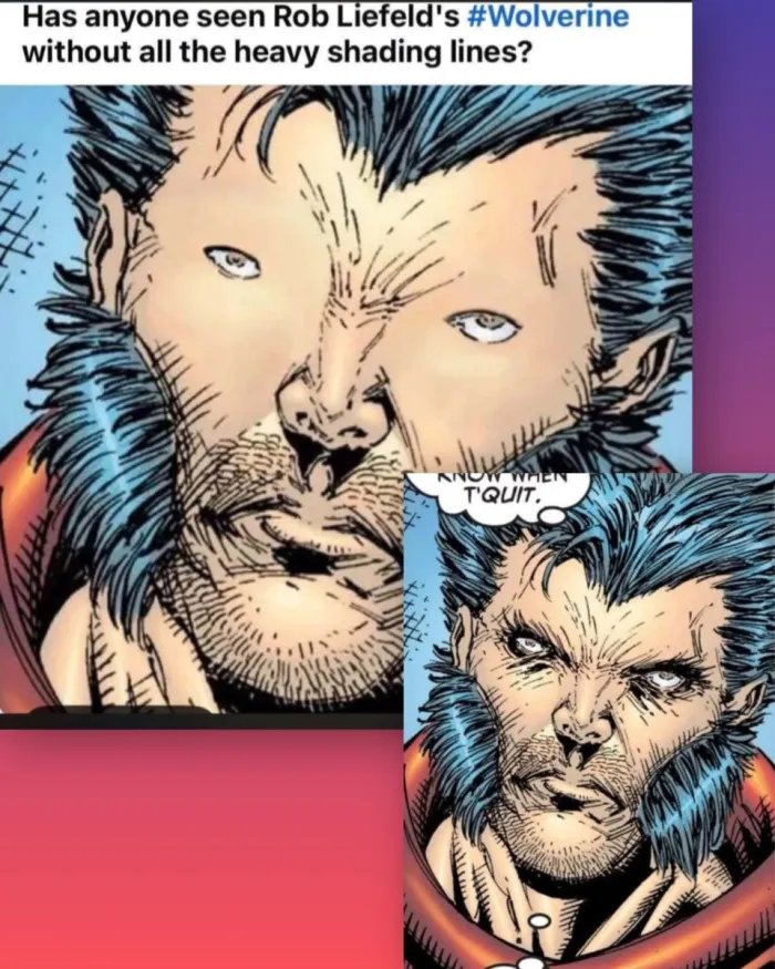 "Has anyone seen Rob Llefeld's #Wolverine without all the heavy shading lines?" Close-up of Wolverine edited to remove the shading to show how small the eyes are.