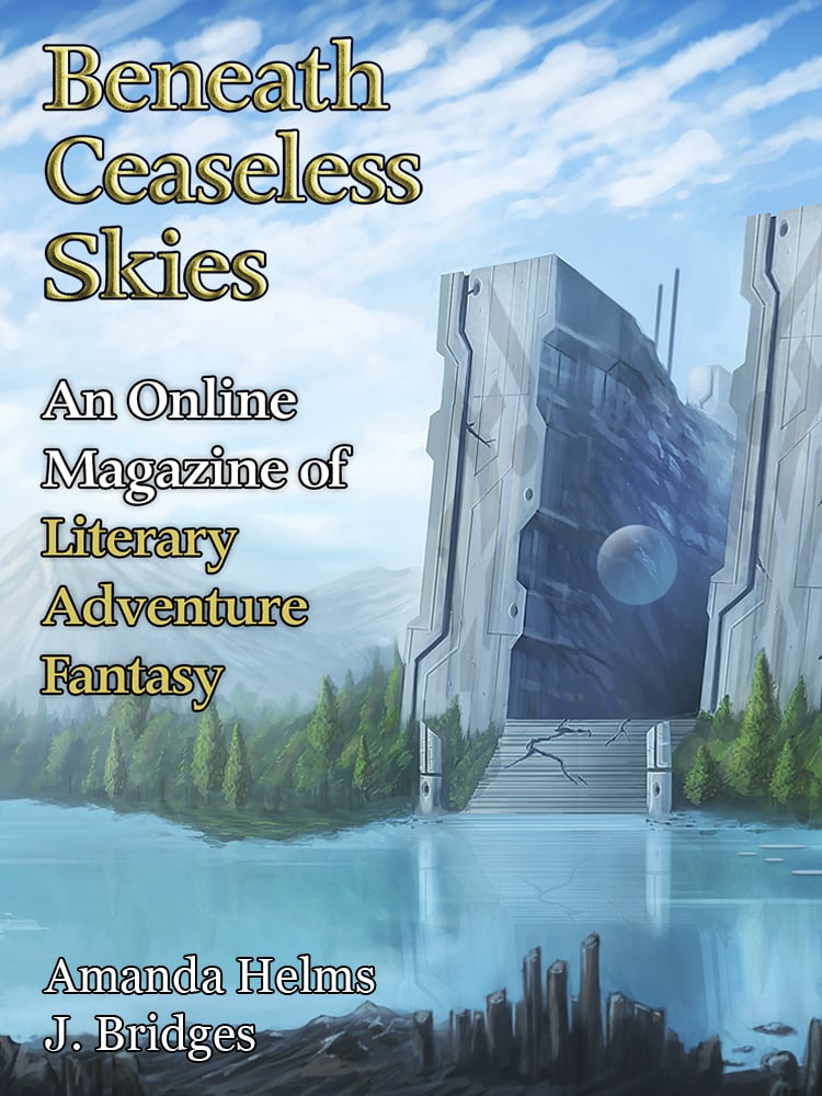cover of Beneath Ceaseless Skies issue. Art is of a lake with a rocky foreground; in the background broken stairs lead from the lake to a split-apart monolith. In between the two halves of the monolith there's a floating planetoid-looking sphere