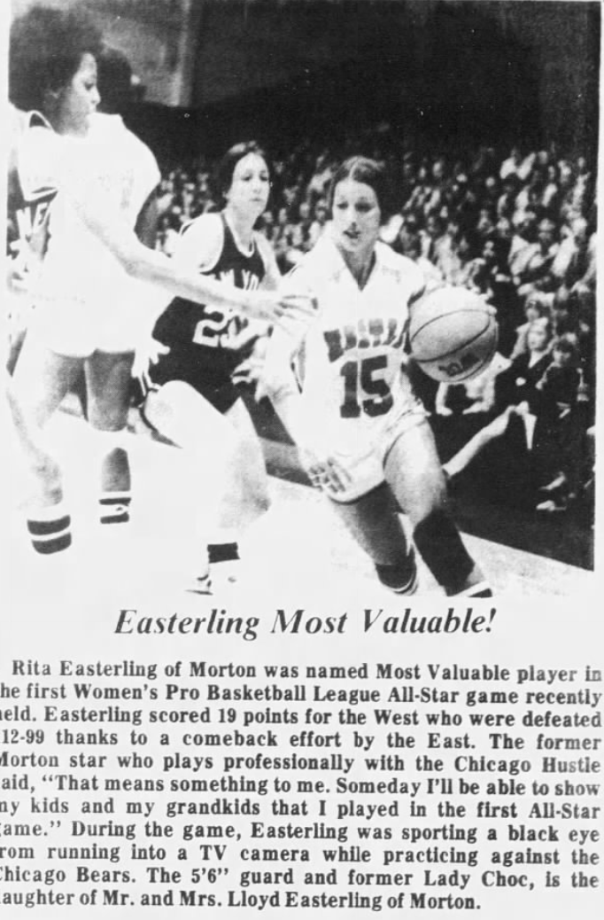 Newspaper clipping announcing Rita Easterling as the 1979 WBL All Star MVP, with photo of Easterling looking to drive around a defender