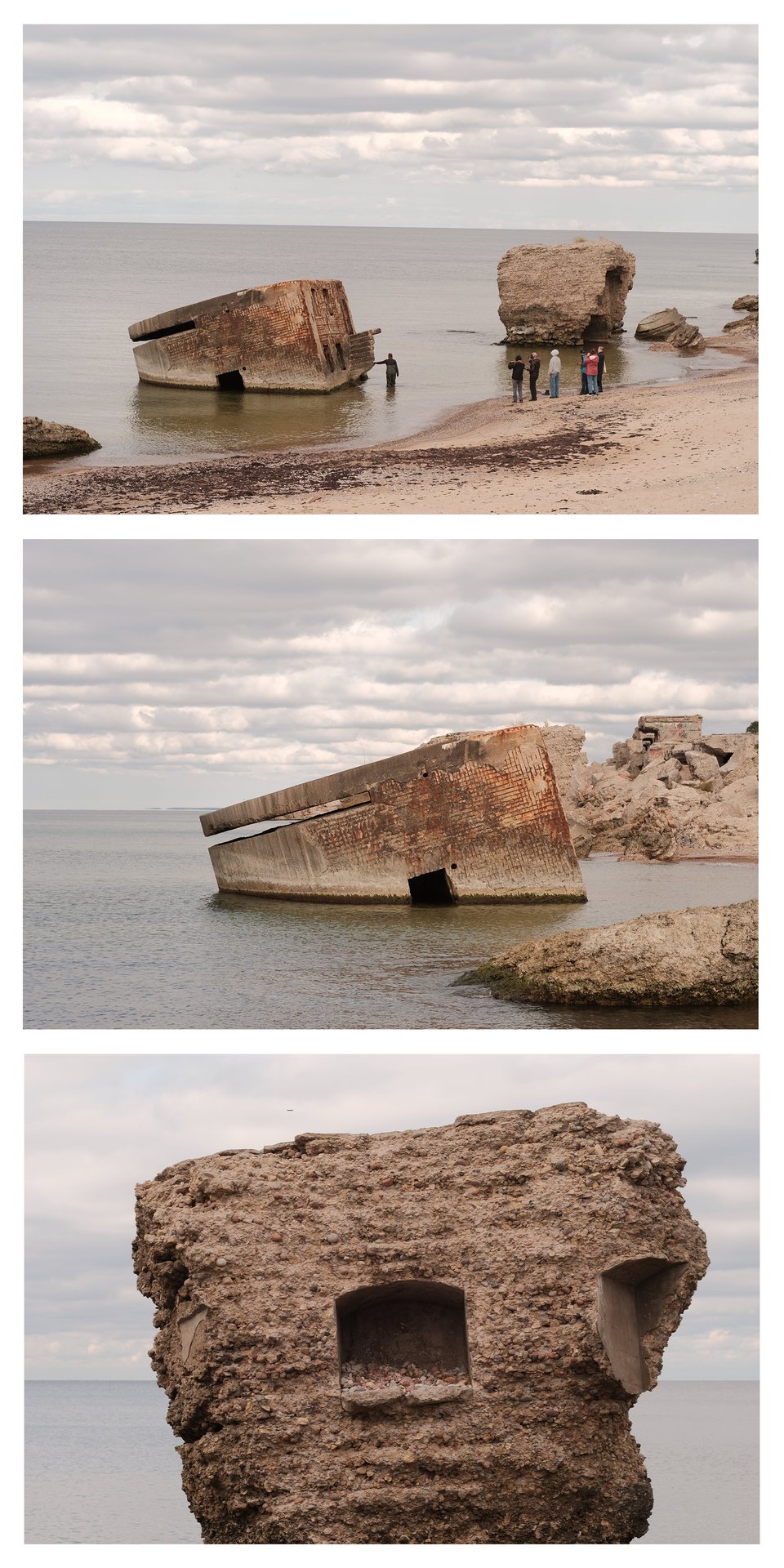 A collage of 3 photos. Top shows the crumbling concrete buildings on the beach, and a group of people watching from the shore as another person stands in the water and touches the submerged building. The middle one shows the submerged building from the side, revealing a panoramic window cutting across its rear wall. The bottom one shows crumbling remains of another building, rows of stones and pebbles mixed with the concrete, and a small niche in its middle.