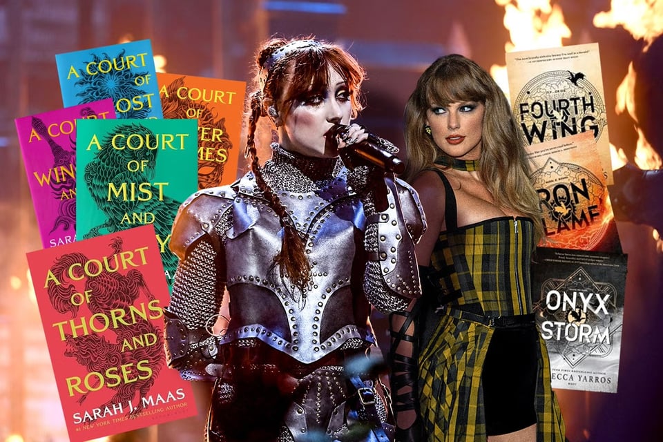 pictures of books by Sarah J Maas and Rebecca Tarros, next to Taylor Swift in pseudo-medieval Scottish garb, and the infamous Chappell Roan as knight from the VMAs