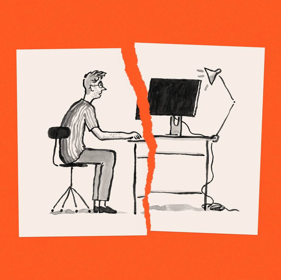 Drawing of me sitting at my desk and looking into a black screen. The drawing paper is torn between me and my computer.