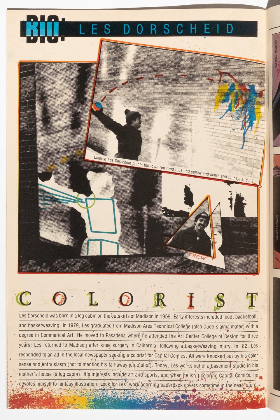 a bio page about colorist Les Dorscheid that is collaged out of a photo of Dorscheid that he has reassembled