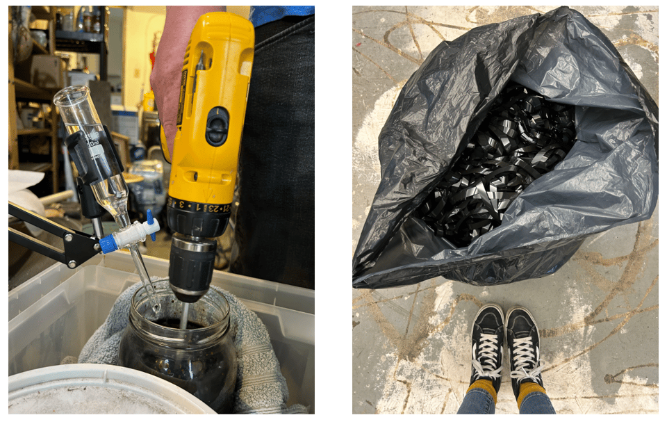 two images, on the left a hand holding a power drill next to a chemistry dropper. On the right, a bag full of VHS tapes, unspooled