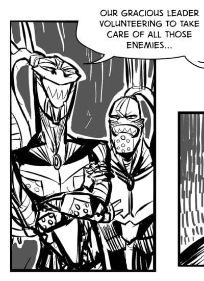 A panel from Grounded, featuring Thok saying "Our gracious leader volunteering to take care of all those enemies"