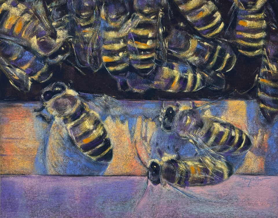 painting of bees in a honeycomb