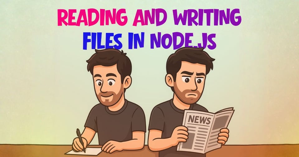 Cover art for “Reading and Writing Files in Node.js,” featuring a cartoon version of Luciano. On the left, he’s writing on paper with a pen; on the right, he’s reading a newspaper with a focused expression. The illustration visually represents the concepts of writing and reading files in Node.js.
