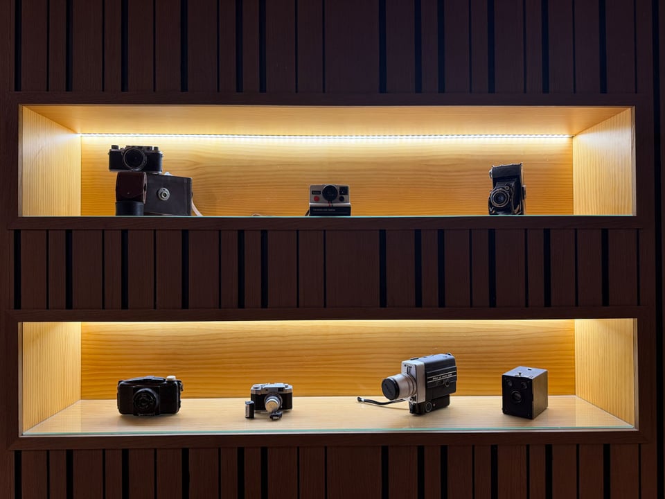 Two shelves are filled with 'antique' cameras of various ages and designs.