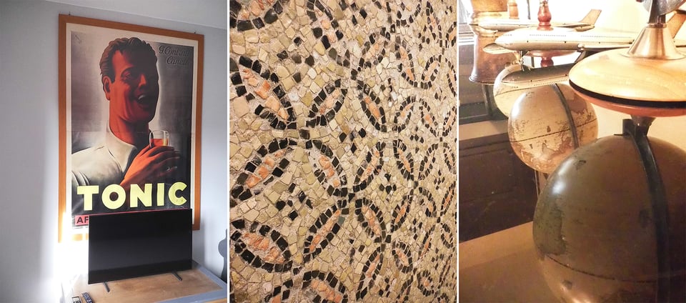 3 digital Instax images side by side: left, a wall with a big 1950s ad-poster reading TONIC, partly obscured by a smallish flatscreen sitting on a stand; center, detail of a mosaic floor from Ancient Rome; right, globes and model airliners reflected in a polished wood surface below them