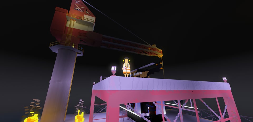 A Doofus, wearing construction site safety gear, standing on top of a platform of an oil rig with a large operating crane and a helicopter behind it.