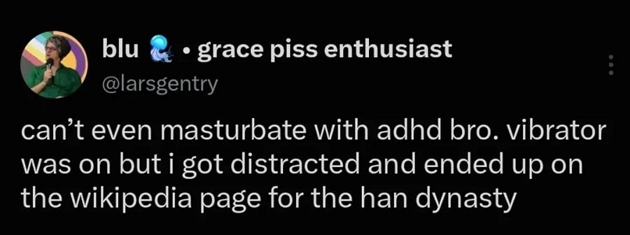 Twitter screenshot from @larsgentry:

can't even masturbate with adhd bro. vibrator was on but i got distracted and ended up on the wikipedia page for the han dynasty
