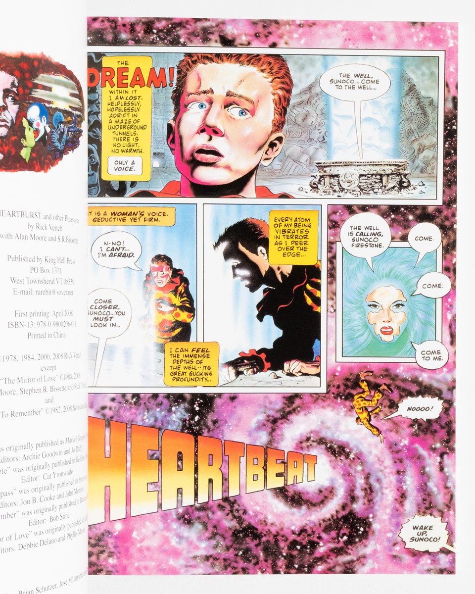 Title page from Heartburst by Rick Veitch. A young boy is having a dream about a mystical fountain with a woman's face in it as he falls into a cosmic spiral galaxy