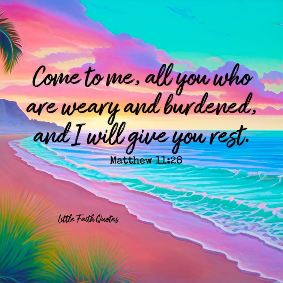 “Come to me, all you who are weary and burdened, and I will give you rest." ~Matthew 11:28. The sun sets in a teal sky. Pink and violet clouds streak across the sky. Teal waves crash against a sandy lavender beach. Image by: @Little Faith Quotes.