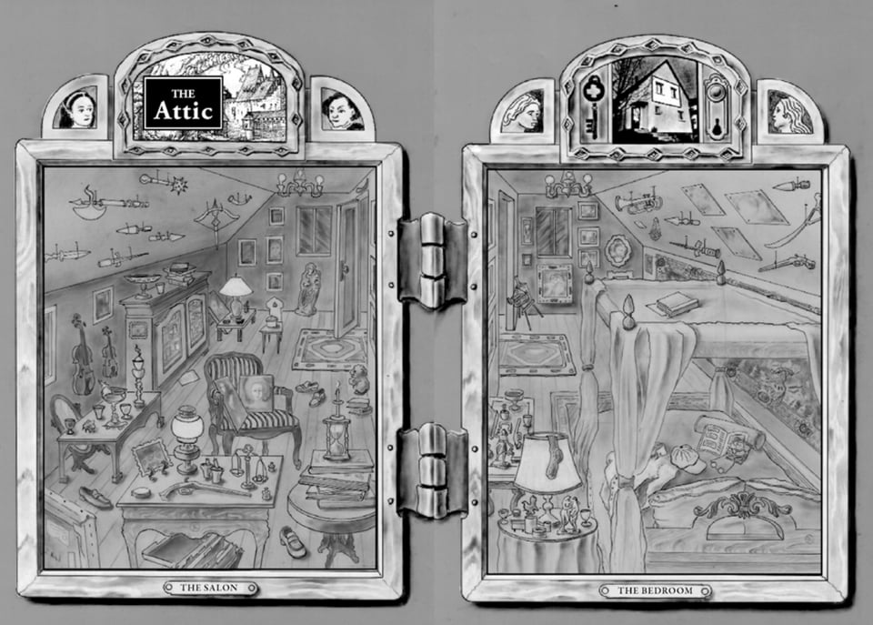 Illustration of The Attic, full of The Art Thief's stolen treasures.