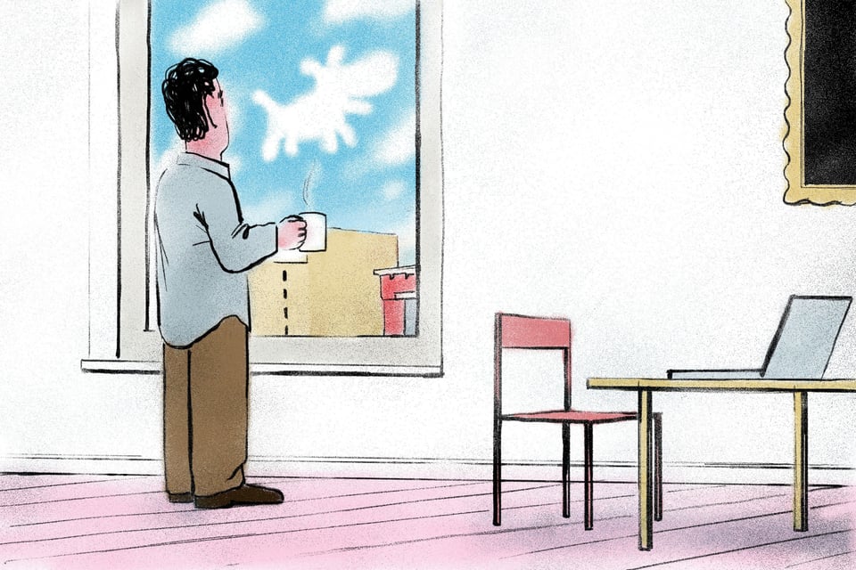 Illustration of man looking out the window with a coffee