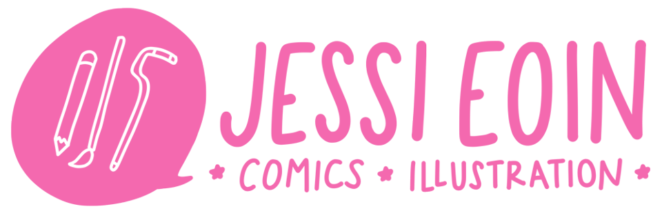 Jessi Eoin's logo (all in pink) showing a speech bubble with a pen, a paintbrush, and cane in it next to the words,