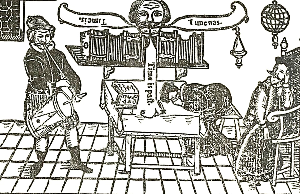 A woodblock engraving of Miles playing the tambour while friars Bacon and Bungay sleep and the Brazen Head speaks "Time Is. Time Was. Time Is Past."