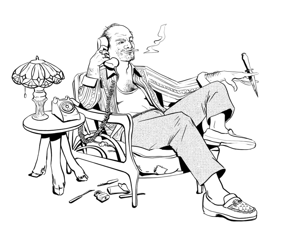 An older man, talking on the phone while leaning back in his chair and holding a throwing knife. A lockpicking set is scattered on the floor.