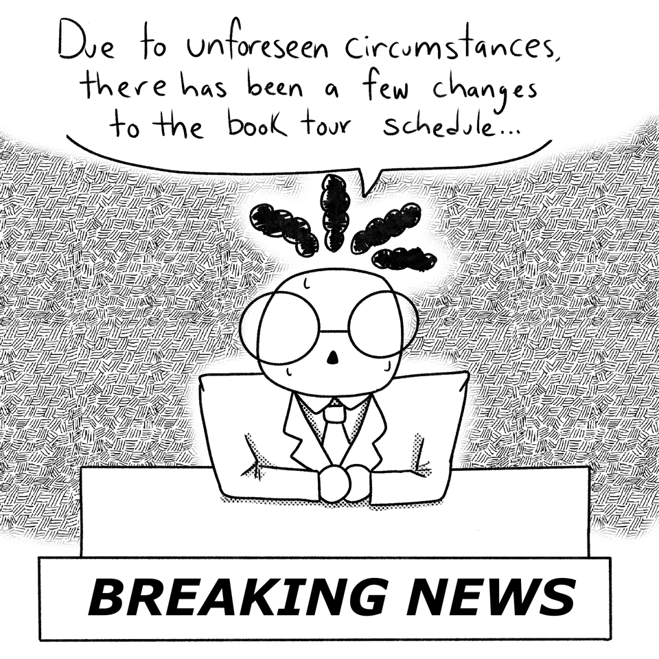 Vincent sweats visibly in a suit with large shoulder pads. They say "Due to unforeseen circumstances, there has been a few changes to the book tour schedule" while a "BREAKING NEWS BANNER" is displayed below.