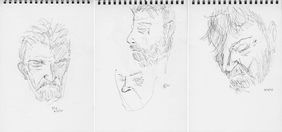 3 ink sketches of the face of an old bearded man