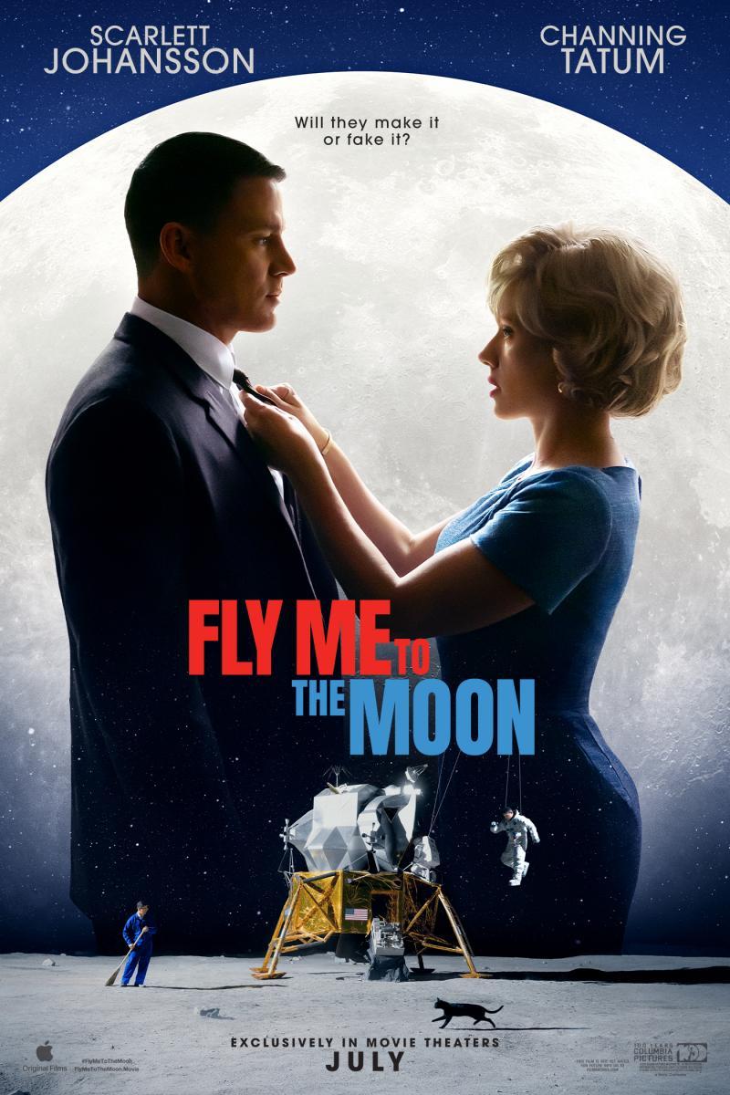 A promo poster for Fly Me to the Moon. Scarlett Johanson is straightening Channing Tatum's tie against a background of the moon writ large.